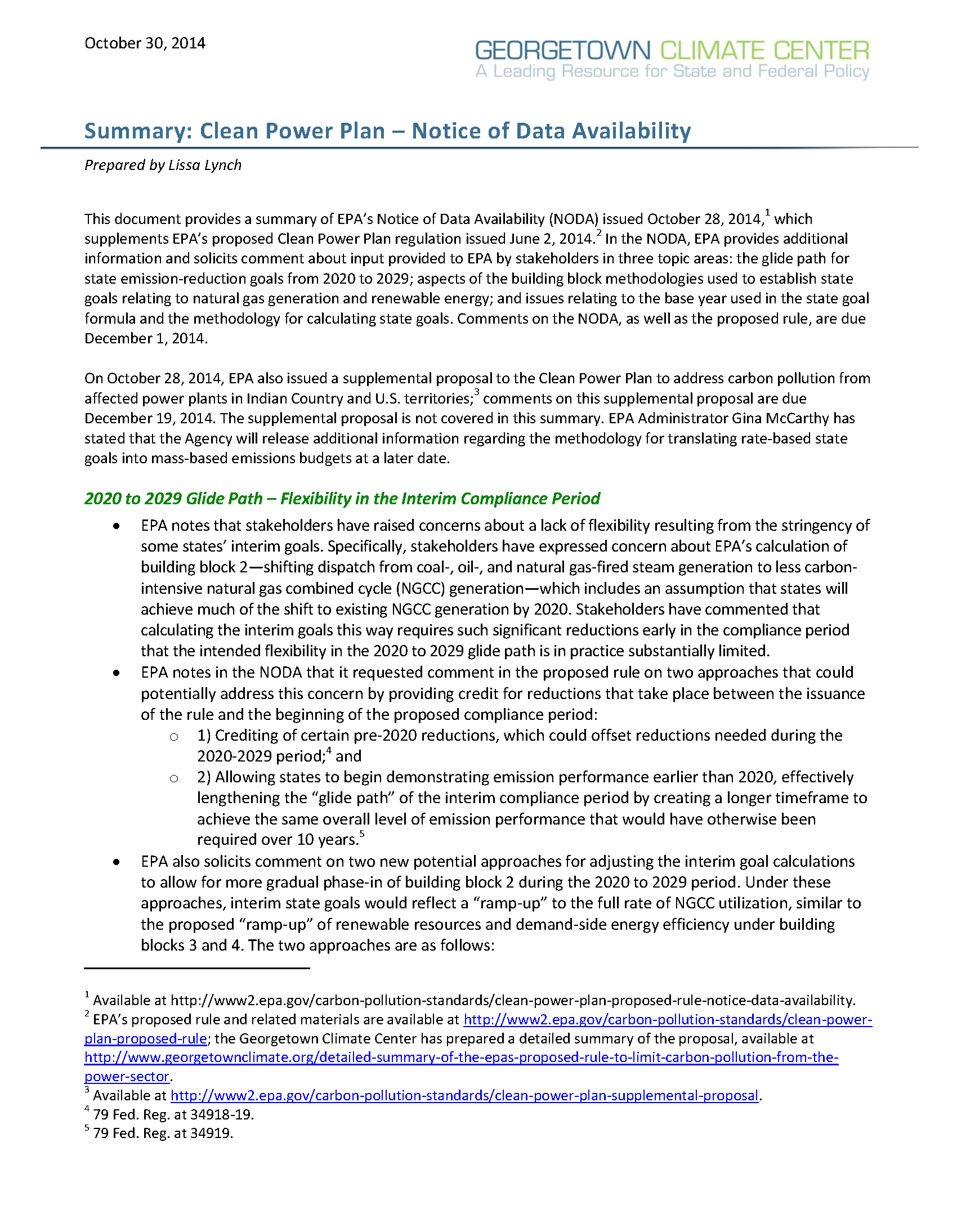 Summary of the EPA's Notice of Data Availability for the Clean Power Plan